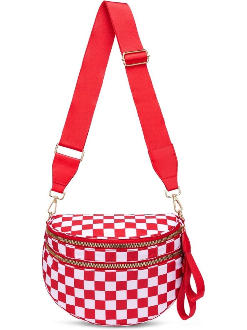 Womens Red Checkered Pure Color Checkered Nylon Fanny Pack Travel Crossbody Bag